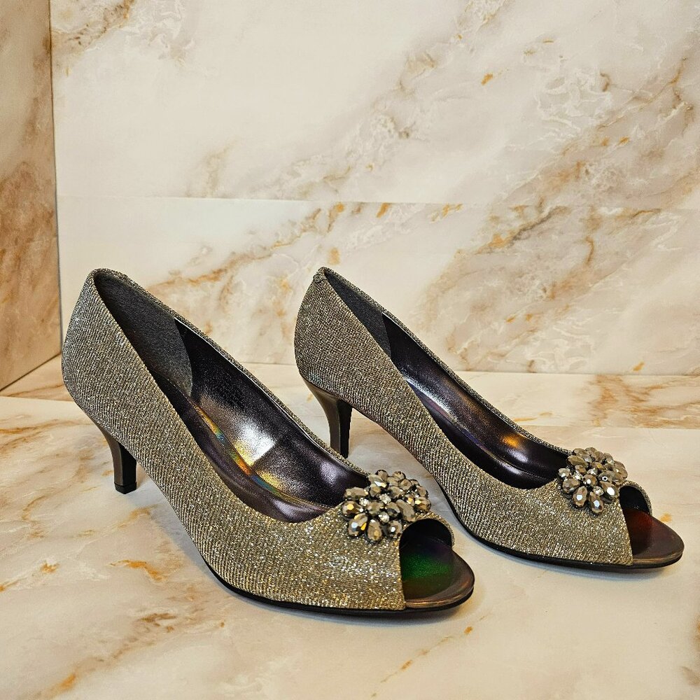 Karen Scott Marilyn Open Toe Heels, Gold, Size 9.5